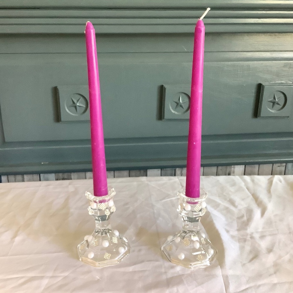 Rhinestone and pearl set of 2 glass taper candle holders